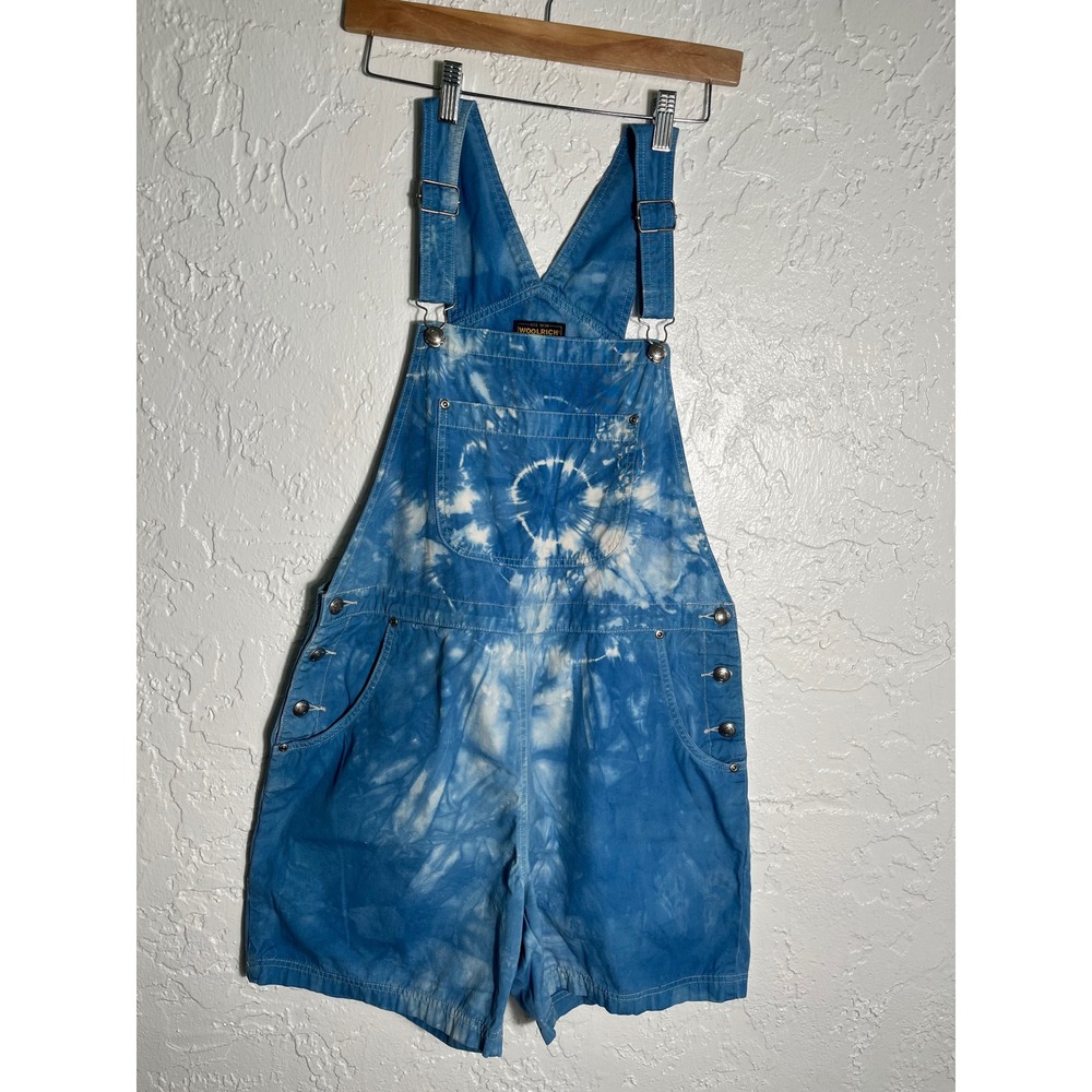 Vintage Woolrich Tie Dye Short Overalls‎ Womens M Blue Cotton Bib Romper Y2K